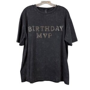 FOREVER 21 Black Acid Wash "Birthday MVP" Oversized T-Shirt, 100% Cotton, Size M